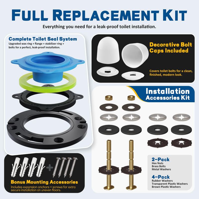 NEEXAN Toilet Wax Ring Replacement Kit with Brass Bolts and Caps, Fits 3-4 | Elastic Wax, Seals Toilet Base, For Standard Bathrooms, Includes Bolt Caps. Blue