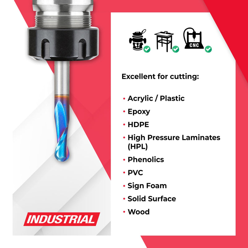 Amana Tool Solid Carbide Spektra Extreme Tool Life Up-Cut Spiral Ball Nose Router Bits, 46426-K 1/8 R x 1/4 D x 1/2 CH x 1/4 SHK x 2-1/2 Inch L x 2 Fl