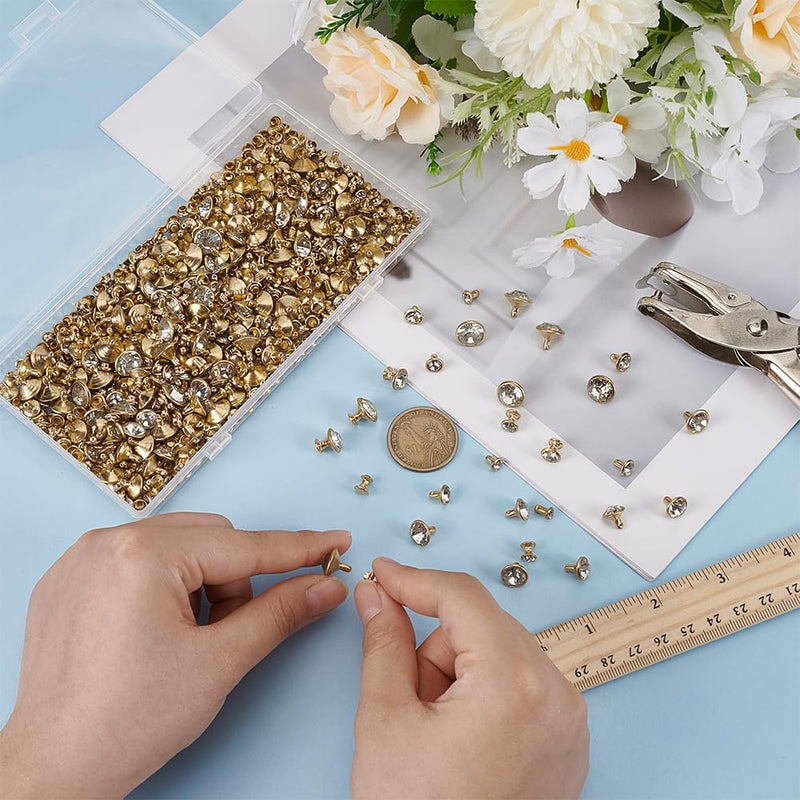 FINGERINSPIRE 280 Sets 7 Sizes Clear Rhinestone Rivets (5/6/7/8/9/10/11mm) Golden Crystal Rivets Metal Double Cap Rhinestone Stud Rivets Studs for DIY Leather Arts Crafts Clothes Decoration