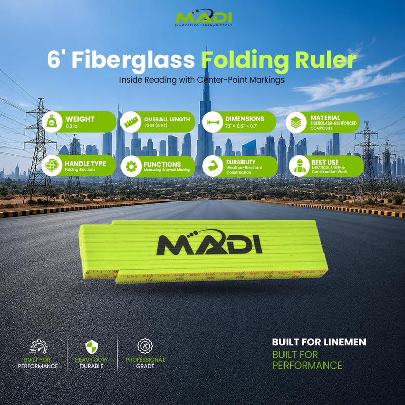 MADI 6' Fiberglass Folding Rule/Ruler - Precise Inside Reading with Center-Point Markings for Accurate Measurements | MPFR-6