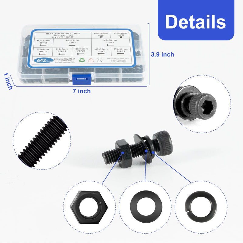 642Pcs M3 Screw Kit 12.9 Grade High Strength Carbon Steel M3 Screw Assortment M3 Bolts and Nuts Assortment Metric Machine Screw Assortment Black 6mm 8mm 10mm 12mm 16mm 20mm 25mm 30mm M3 642Pcs Socket Head （6mm-30mm）