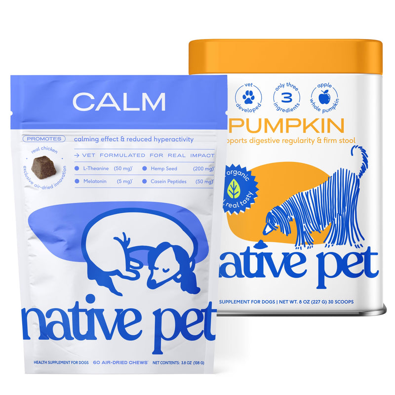 Native Pet Dog Calming Chews (60 Chews) & Organic Pumpkin for Dogs (8 oz.) - Melatonin for Small, Medium, Large Dogs and All-Natural, Organic Fiber Pumpkin Powder for Dogs