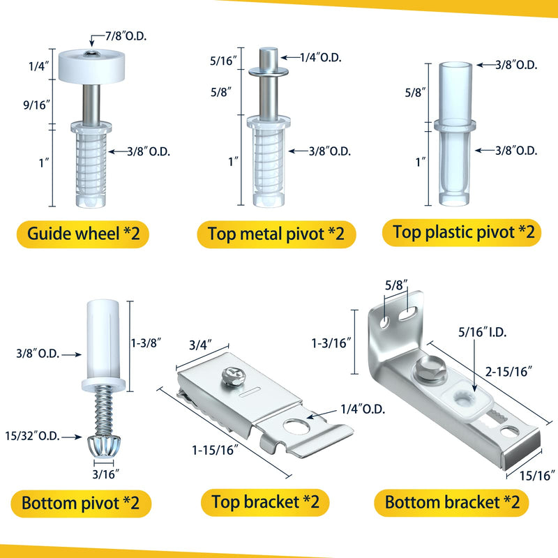Closet Doors Bifold Door Hardware - 2 Pack Sliding Door Hardware Bi Folding Door Hardware Barn Pocket Repair Kits Includes Top and Bottom Brackets, Pivots with Guide Wheel for 1" to 1-3/8" Thick Doors