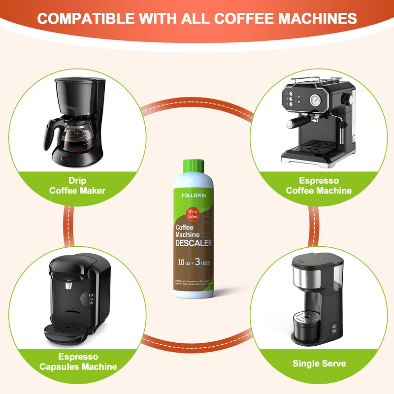 FOLLOWIN Coffee Machine Cleaner and Descaler,Espresso Coffee Maker Cleaner(2 Pack & 6 Uses),Descaling Solution for Espresso Machines and Single Use Coffee Maker