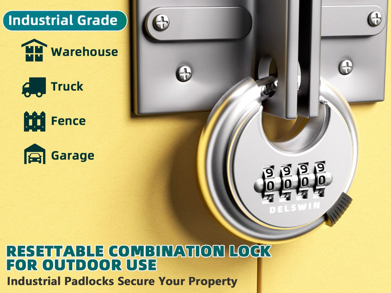 DELSWIN 4 Digit Combination Lock Disc Padlock with Hardened Steel Shackle Outdoor Combo Lock for Outdoor Gate Sheds,Storage Unit,Garage,Fence,Gym Locker(2 Pcs) Silver