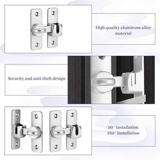 Silvery Enhanced Security Flip Latch Lock - Heavy-Duty 90/180 Degree Sliding and Swing Door Latch for Barns, Gates, and More Silvery_F47 1