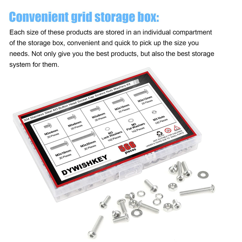 DYWISHKEY 566 Pieces M3x 4/6 /8/10 /12/16 /20mm Button Head Socket Cap Screws Nuts Washers Assortment Kit, M3 Screw Kit, 304 Stainless Steel