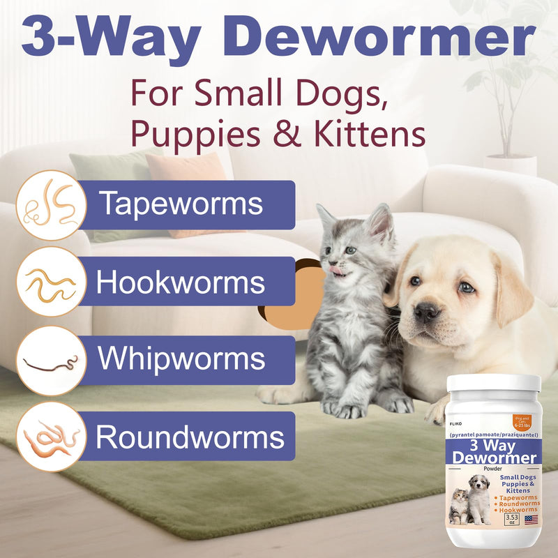 FLIKO 3-Way Dewormer for Small Dogs, Puppies, Cats & Kittens, Puppy Dewormer for Tapeworms, Roundworms & Hookworms, Pyrantel Pamoate & Praziquantel, 100 g (Powder)