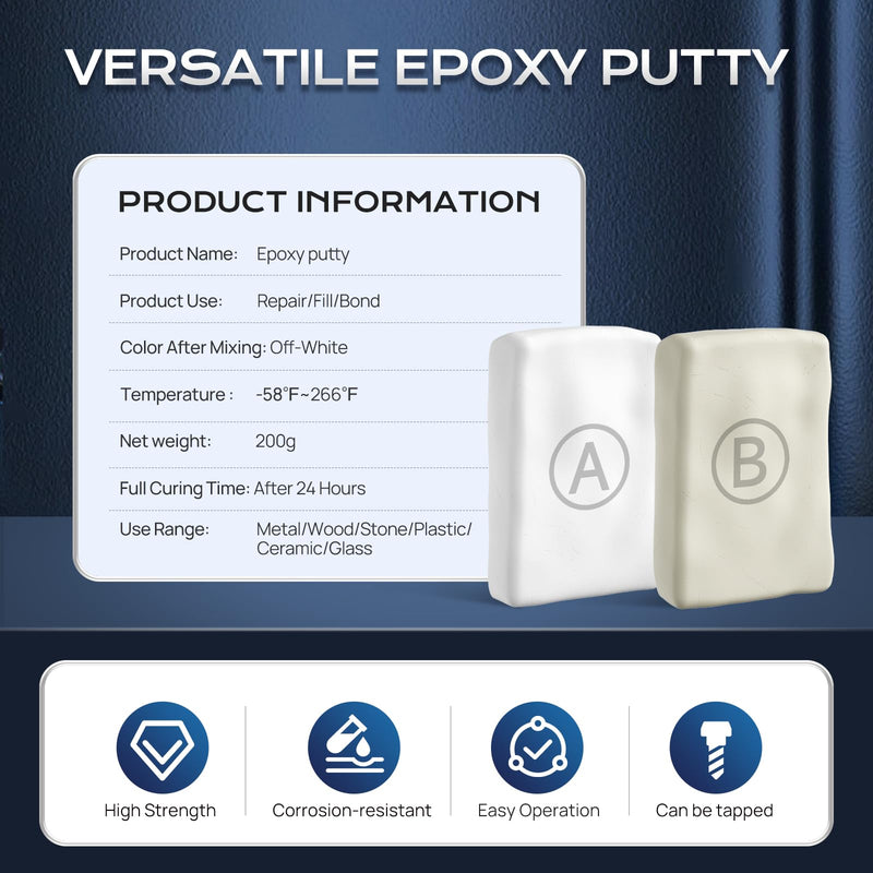 Epoxy Putty, 200g Fast Repair Metal AB Epoxy Putty, 2 Part Epoxy Pool Putty, High Strength Epoxy Filler Putty, Sculpt Clay for Repairing, Bonding, Sculpting, for Metal, Wood, Tile, Ceramics (White) White