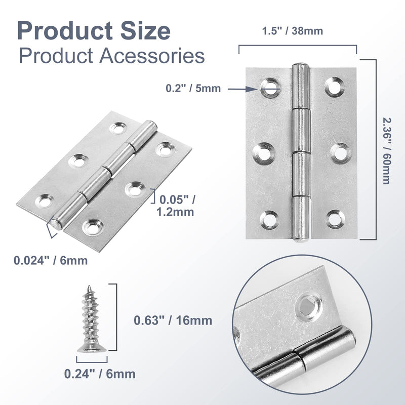 2.5" Door Hinge, 12 Pcs Stainless Steel Butt Hinges, Silver Window Hinges, Interior and Outdoor Hinges with Screws, 60 x 38 x 1.2mm 2.5 Inch