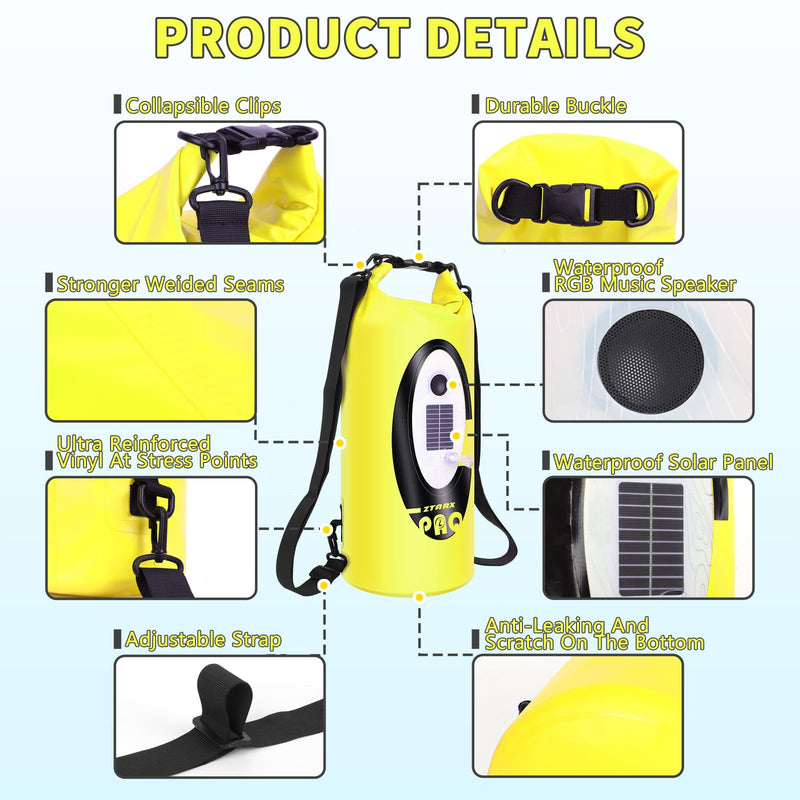 FELICON Waterproof Dry Bag Backpack with Bluetooth Speaker, 10L Roll Top Floating Sack, Solar & USB-C Powered Emergency Charger, RGB Light, Heavy Duty PVC for Kayaking Camping, Neon Yellow