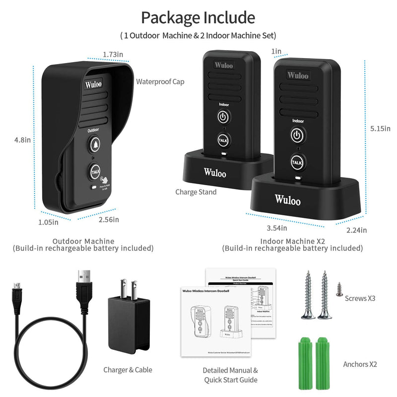 Wuloo Wireless Intercom Doorbells for Home Classroom, Intercomunicador Waterproof Electronic Doorbell Chime with 1/2 Mile Range 3 Volume Levels Rechargeable Battery (Black, 1&2) 1t2-black