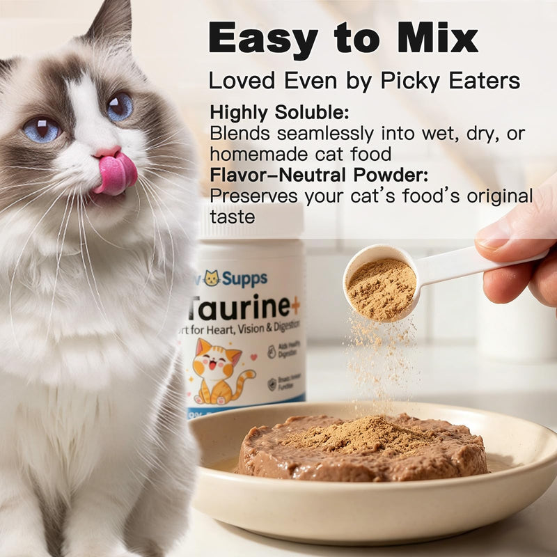 Taurine for Cats, Pure Taurine Supplement for Cats, Coat Health, Improve Eyesight, Increase Vitality, Enhance Heart Health, for All Cat Ages & Breeds, 200g