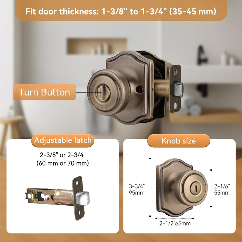 Antique Brass Door Knobs for Privacy Bath & Bedroom with Turn Lock, Interior Door Knobs with Camelot Trim 1 Antique Brass