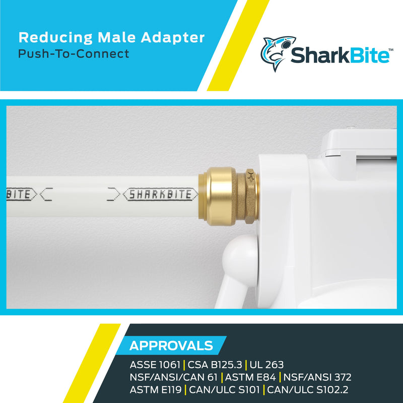 SharkBite 1/4 Inch x 1/2 Inch MNPT Reducing Adapter, Pack of 6, Push To Connect Brass Plumbing Fitting, PEX Pipe, Copper, CPVC, PE-RT, HDPE, U110LF 1/4 in. x 1/2 in., 6 Pack