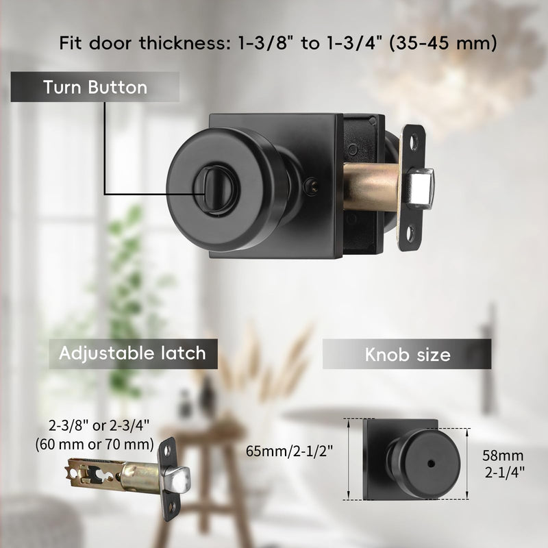 3 Pack Black Interior Door Knobs for Bathroom & Bedroom, Pismo Doorknob Turn Lock with Square Rosette, Heavy Duty Privacy Door Knob with Lock 3 Matt Black