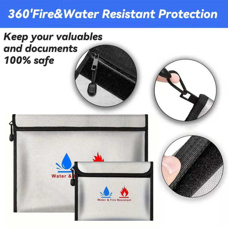 Fire-resistant document pouches, including a set of fire-resistant wallet security pouches, measuring 15 x 11 in and 9 x 7 in, with a non-irritating silicone coating, for Money, Documents and Passport