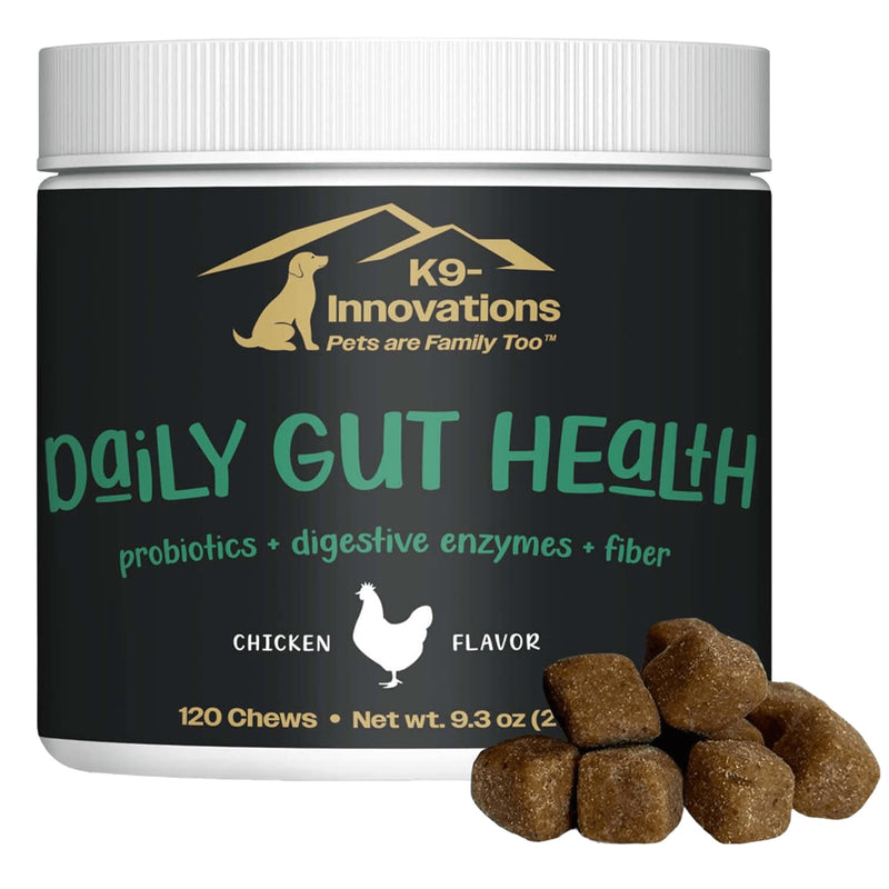 K9-Innovations - Daily Gut Health for Dogs - Gut & Immune Support, Enzymes + Probiotics, 2 Billion CFUs, No Fillers, Chicken Flavor - 120 Chews