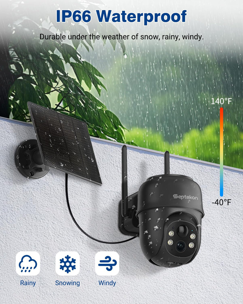 Septekon 2K Solar Security Cameras Wireless Outdoor, 360°PTZ Battery Powered Outdoor Camera, 2.4G WiFi Camera with Spotlight Color Night Vision, Motion Sensor Alarm, IP66, Black