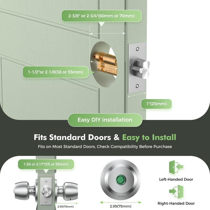 Fingerprint door knob, smart door knob, intelligent biometric fingerprint door lock, keyless entry, controllable via app, suitable for bedrooms, storage rooms, apartments, offices, hotels (silver) Silver