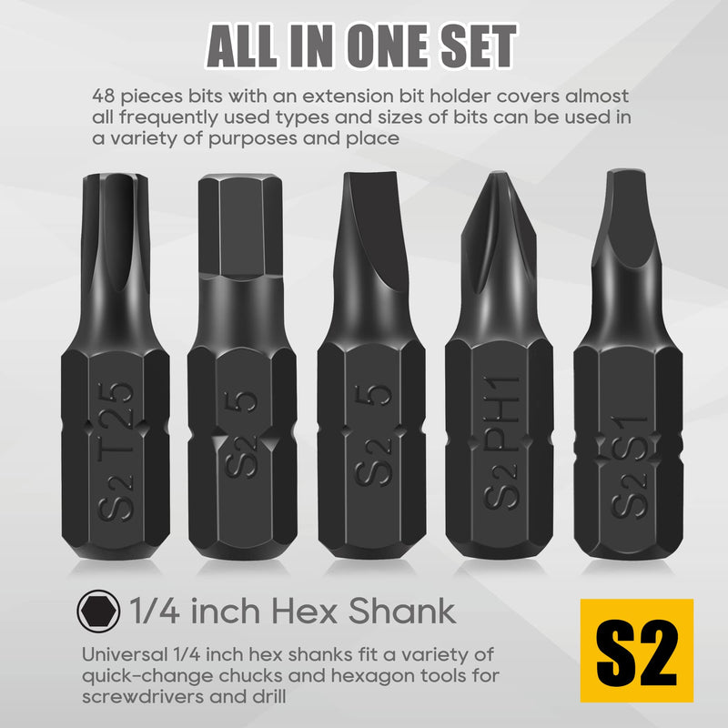 AEJ 49-Pack Screwdriver Bit Set, Hex Head Drill Bit Set, Torx Square Slotted Phillips Bit Set with 1/4" Bit Holder, 1/4 Hex Shank, S2 Steel, 1"Long 49PCS Torx/Hex/Slotted/Phillips/Square/Extension Bit Holder
