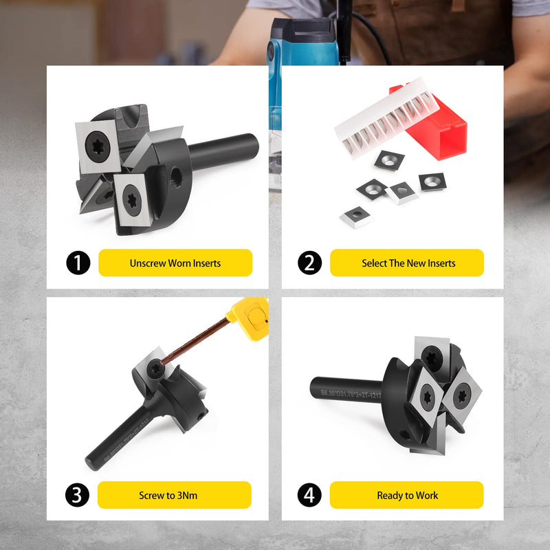 CNC Spoilboard Surfacing Router Bits 1/4'' Shank Wood Planer Bit Surfacing Bit with 2+2 Indexable Inserts, Carbide Milling Cutter Slab Flattening Planning Bit for Woodworking Engraving