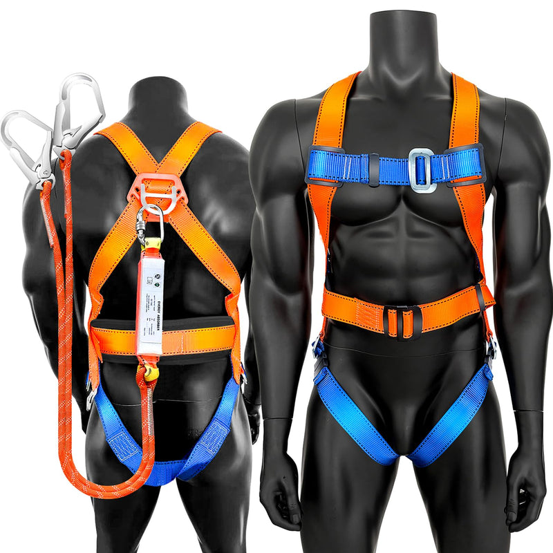 Full Body Safety Harness Tool Fall Protection，OSHA/ANSI Compliant,ASTM F1774certified | INTERNAL Shock Absorbing Lanyard（Orange）