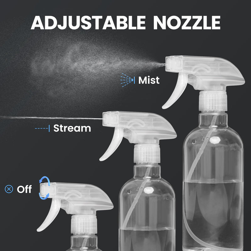 DIYSELF 2 Pack Spray Bottles for Cleaning, Empty Spray Bottle Clear, Plastic Spray Bottles Heavy Duty, Water Spray Bottle with Adjustable Nozzle, Mist/Stream, 16oz Spray Bottle for Hair, Plants, Pets 2-Pack