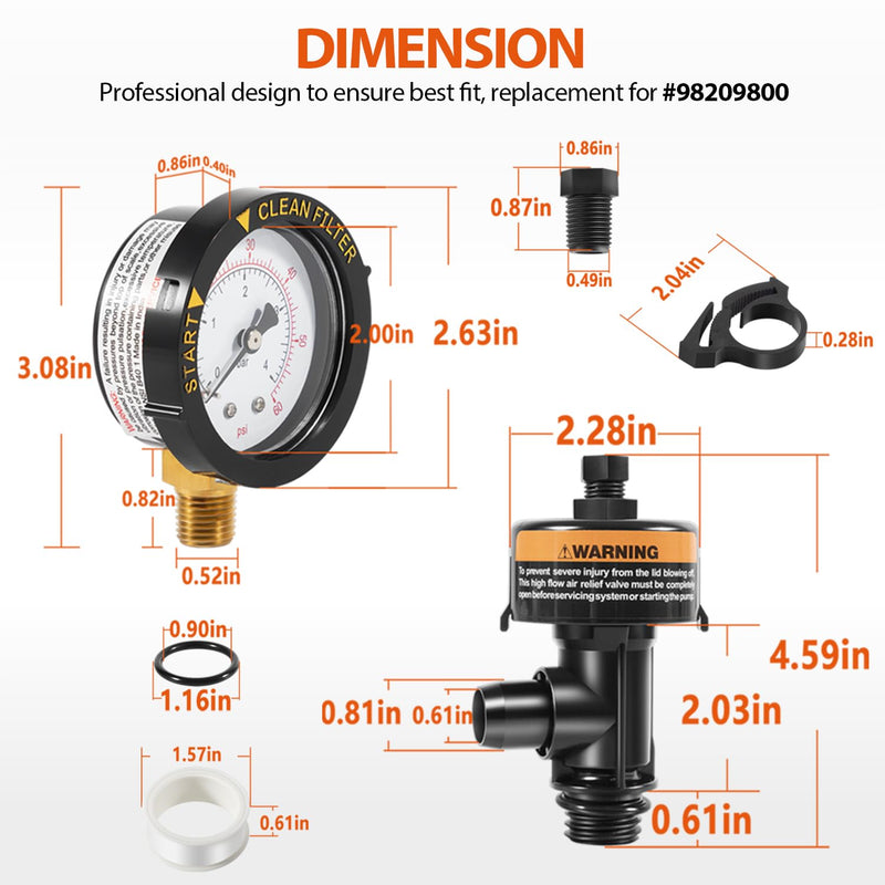 98209800 High Flow Manual Relief Valve/Air Relief Manual Valve Assembly with Pressure Gauge, Replacement for Pool and Spa Filter (2 PACK-98209800) 2 PACK-98209800