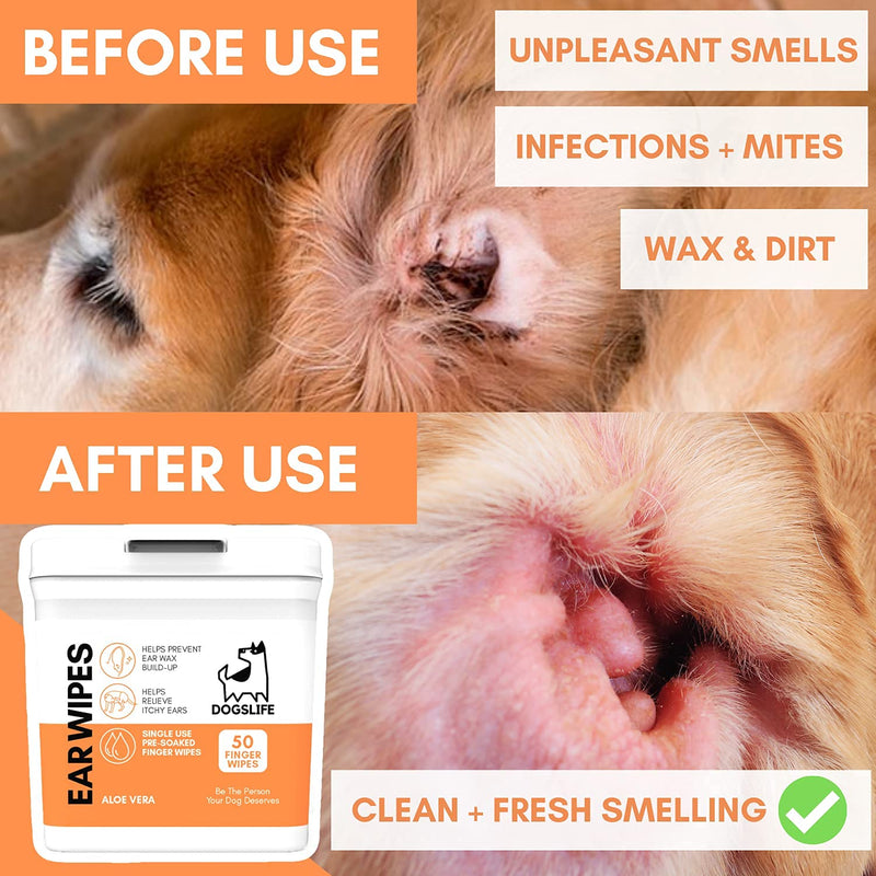 Dog Ear Wipes for Dogs | Ear Cleaning Wipes | Remove Wax, Dirt & Odor | Soothe Itchy Smelly Ears | 50 Soothing Aloe Vera Dog Ear Cleaner Finger Wipes
