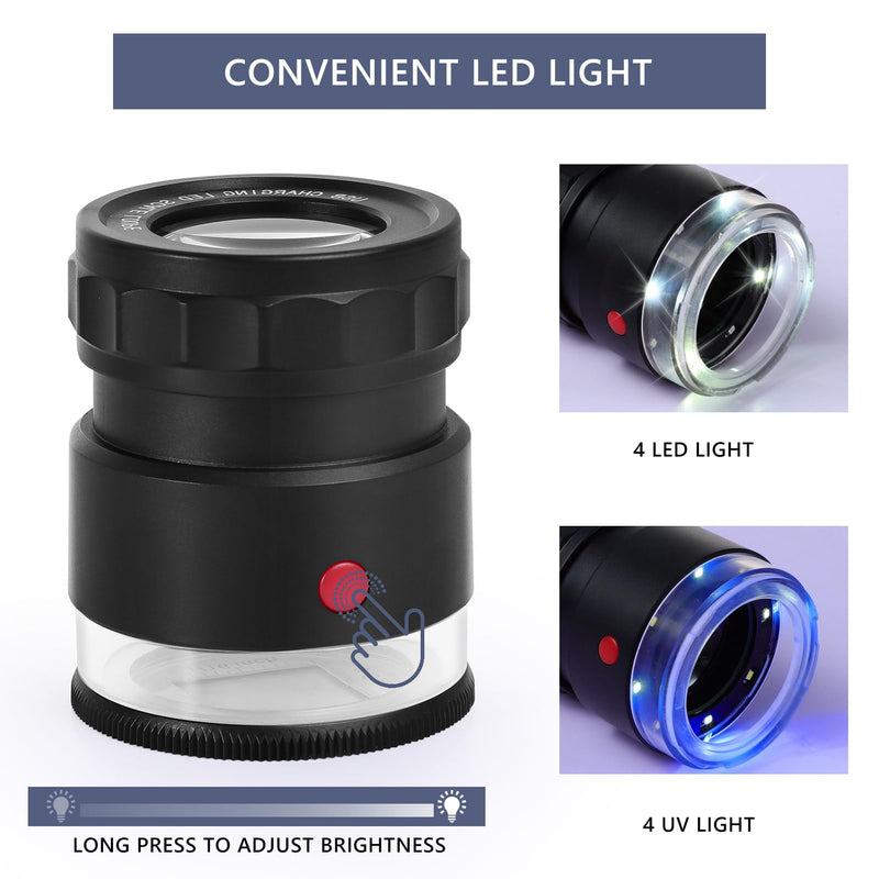30X Loupe Magnifier, USB Rechargeable 8 Lights Portable Eye Loupe Sewing Magnifying Glass for Watches, Jewelry, Coins, Currency, Stamps