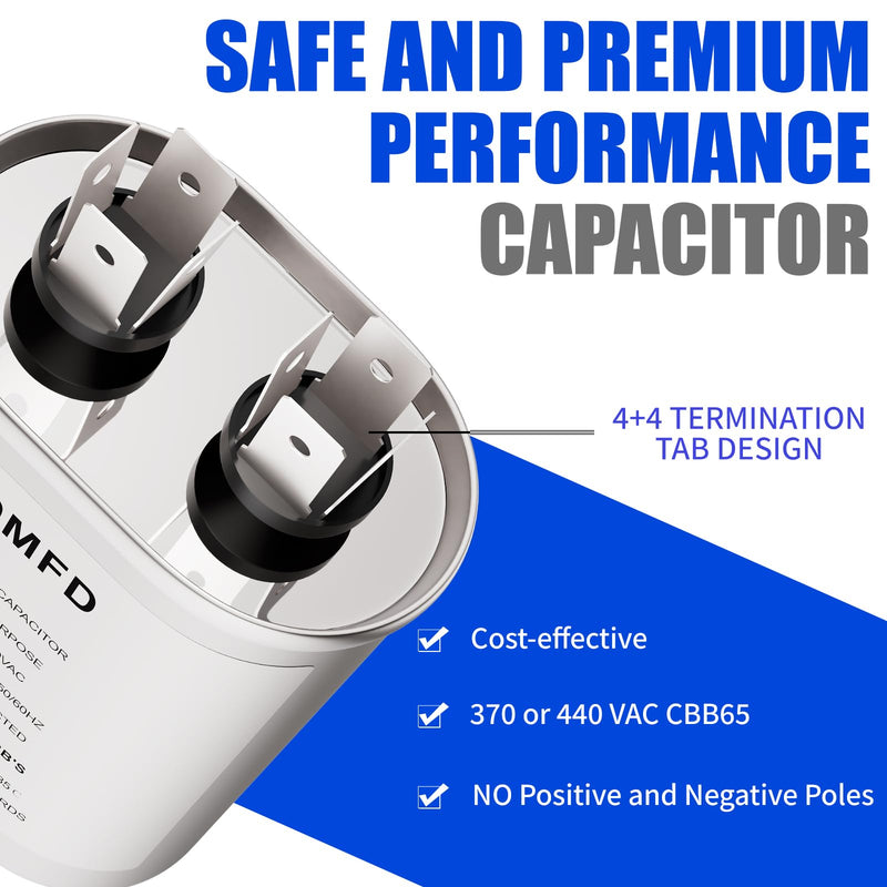 10 uF/MFD Capacitor for AC, 370 or 440 VAC CBB65 Dual Run Oval Capacitors for AC Motor Run, Fan Start, Condenser Straight Cool, Heat Pump, Air Conditioner, and Pool Pump (Oval) 10 MFD