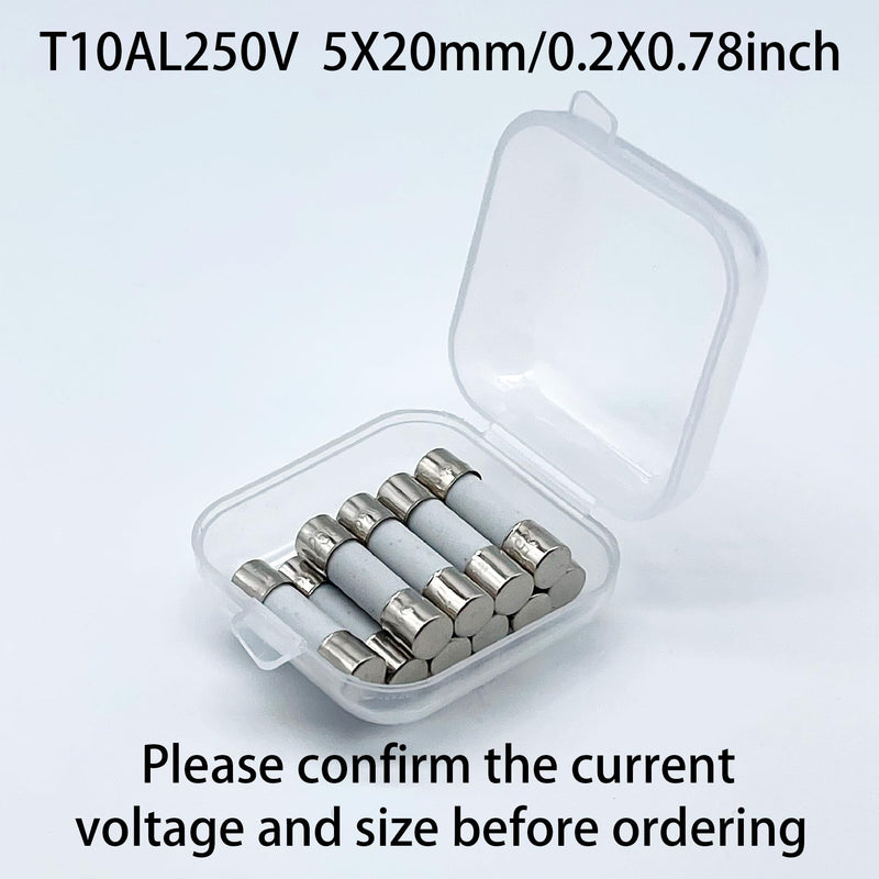 T10AH250V 0.2x0.78 Inch 10A 250V Ceramic Tube Slow-Blow Pack of 10 Ceramic Fuses 10 amp 250 Volt 5x20mm Time-delay Fuses T10A