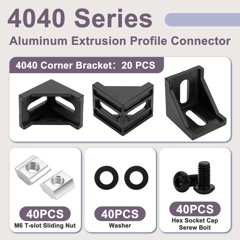 20 Set 4040 Series Aluminum Extrusion Profile Connector,Includes 20*Black 3540 Corner Bracket,M8 T-Slot Sliding Nuts and Hex Screw Bolt for 40S Aluminum Rail Accessories,140 Pieces by Cenipar 20 Set 4040 Black Connector with M8 Screw Nut
