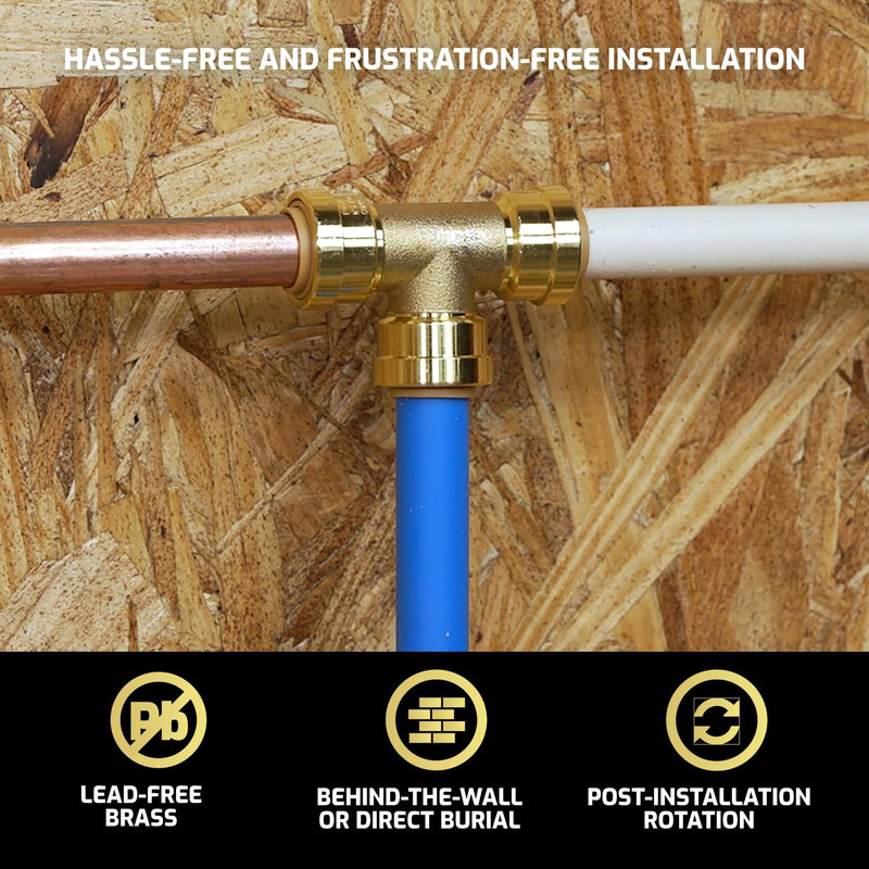 QuickFitting 1/2 Inch Tee Connector, Push to Connect Brass Plumbing Fitting with Slip Clip Disconnect Tool, for Copper, PEX and CPVC, 5 Pack 1/2 inch (5-Pack)