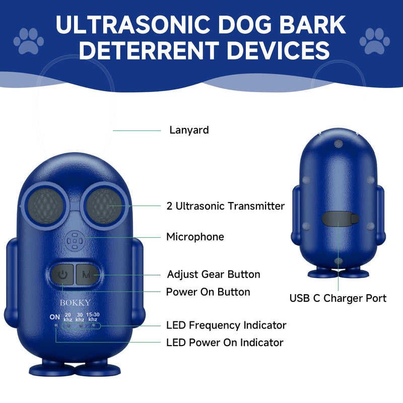 15-30kHz Adjustable Dog Bark Deterrent Devices with IPX5 Waterproof, 2-in-1 Fast Charging Anti Barking Silencer - Ideal for Outdoor and Indoor 1PACK-BLUE