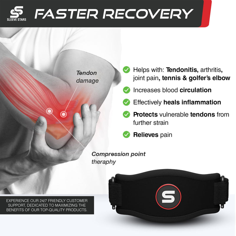 Sleeve Stars Tennis Elbow Brace for Men & Women, Tendonitis Elbow Brace & Strap Golfers Elbow Brace Counterforce Band for Tendon Pain Relief & Support for Forearm w/ 3 Straps Fits 9-23" (Single/Black) One Size Black 1
