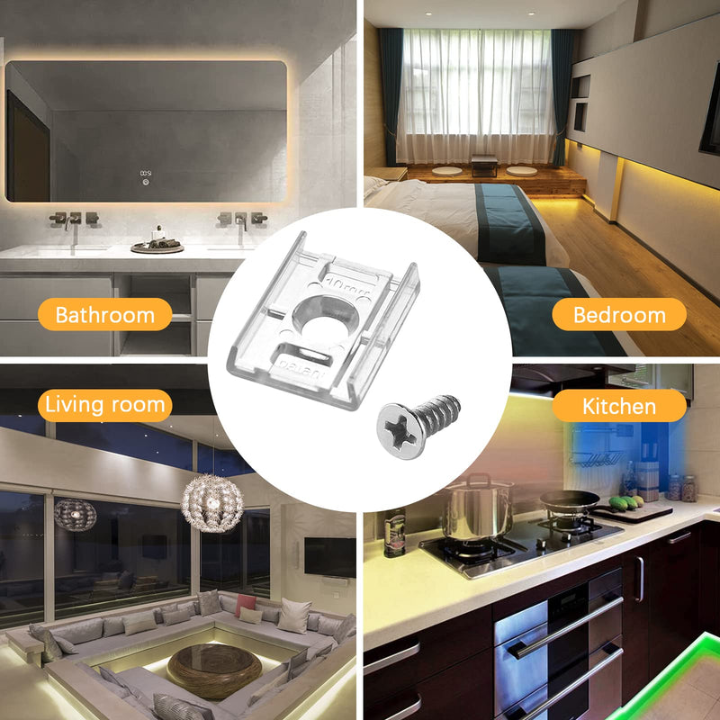VIPMOON 100pcs Clear LED Strip Light Mounting Clips 10mm Width Holders and 100pcs Compatible Stainless Steel Phillips Screws Mounting Brackets for Waterproof or Non-Waterproof 3528 5050 5630