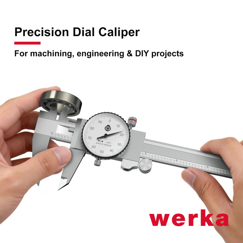 werka Dial Caliper 6 Inch, Shockproof Dial Caliper Measuring Tool with 0.001" Precision Micrometer Caliper with Custom Case, 4-Way Measurement, Stainless Steel 0-6x0.001"