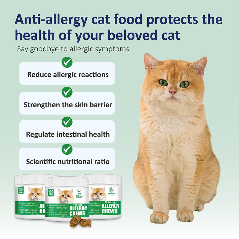Cat Allergy Relief Chews for Seasonal Allergies - Itchy Skin, Sneezing & Paw Licking Remedy with Colostrum, Probiotics 300M CFU & Omega 3, Salmon Flavor Soft Chews, 100 Count Salomn