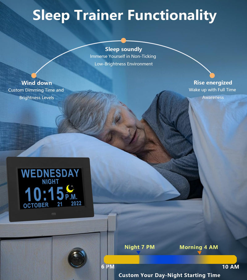 MASSII 19 Alarms Digital Talking Clock with Loud Voice Time Date, Auto DST, 20 Custom Reminders, 10-Level Dimmer, Sleep Trainer, Speaking Day Date Calendar Clock for Seniors Dementia- with Remote 7" Hd Black