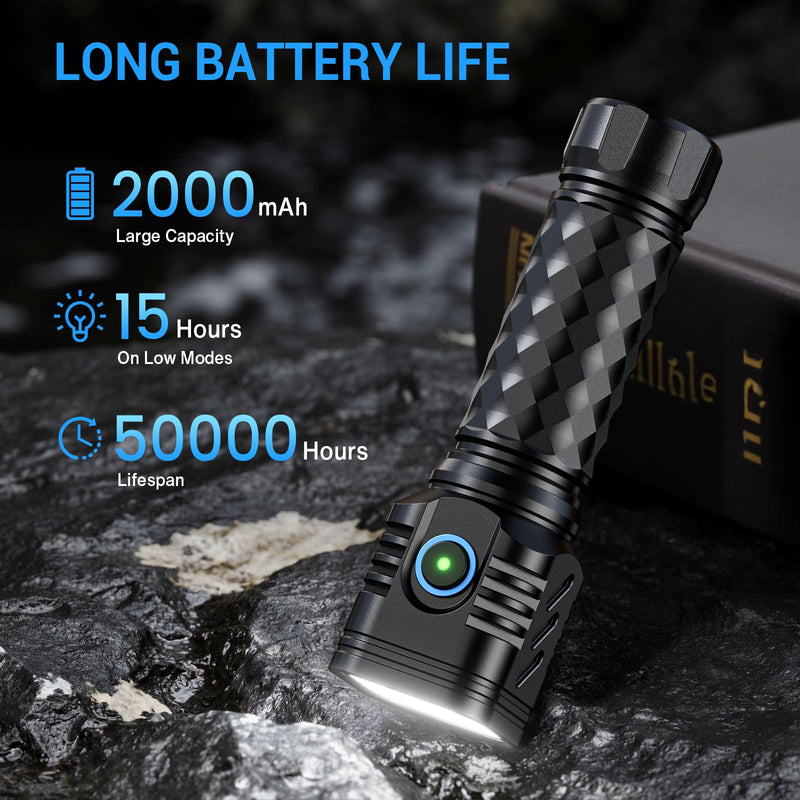 2 Pack Rechargeable Flashlights High Lumens, 2000mAh Battery Powered Super Bright LED Flashlight, USB C Handheld Metal Pocket Flashlight Small EDC Tactical Flash Light for Home Camping Fishing Hiking 2