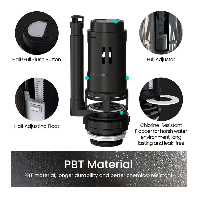R&T Universal Dual Flush Valve for 2-piece Toilet with Top Push Button Toilet Repair Kit Inside Tank Compatible with 3-Inch and 2-Inch Toilet Drain Outlet A2422U 3-lnch Drain Outlet(Add 2" Converter）
