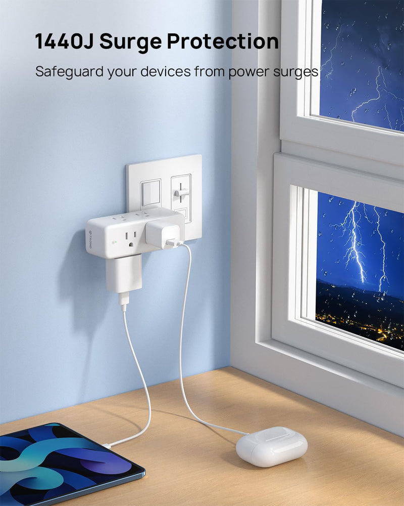 TROND Outlet Extender Surge Protector, 6 AC Outlet Splitter with 360° Rotating Plug, 1440J, 3-Sided Swivel Wall Plug Adapter with Power Switch, Multi Plug Expander for Home Office Travel 6AC White