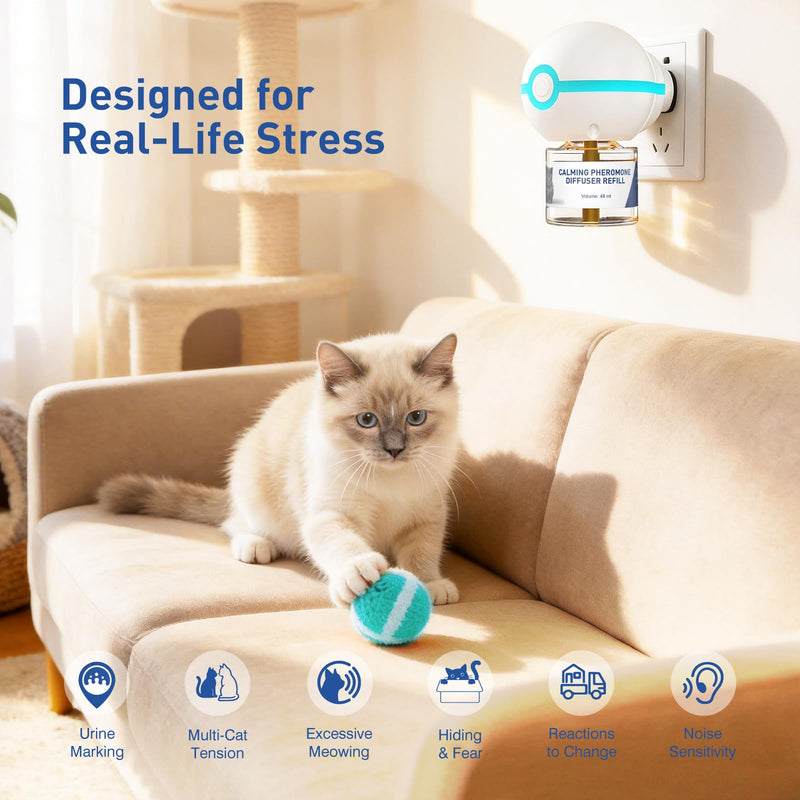 SHIORI TrinityCalm Cat Calming Diffuser Kit, Advanced 3-in-1 Pheromone & L-Theanine System for Multi-Cat Stress, Spraying, Fighting & Hiding, 60-Day Starter Kit