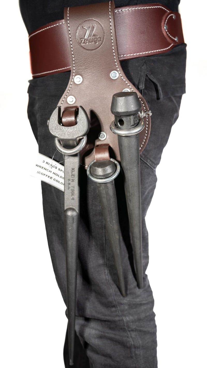 Premium Leather 3 Rings Spud Wrench Holder, Heavy Duty Bull Pin Holder for Tool Belt, Tunnel Connection Coffee