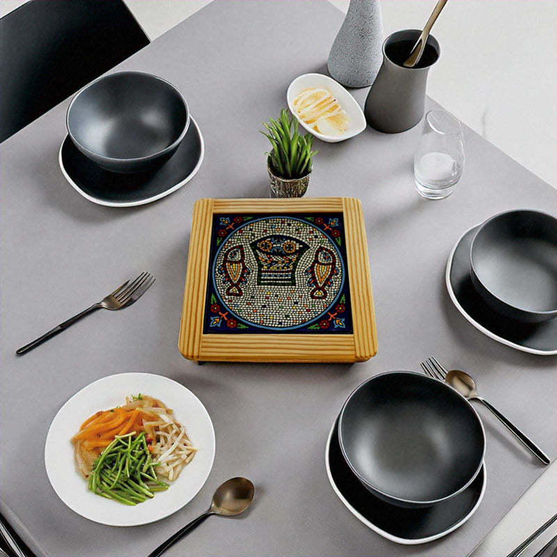 Holy Land Market Armenian Ceramic Trivet - Tabgha Miracle of Loaves and Fish Hot Plate- Hand Painted and Made Ceramic, Pottery Made in Jerusalem, Armenian Ceramic Gift (7.5 inches Wide)