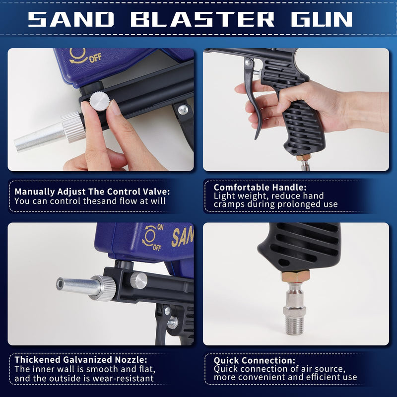 Sand Blaster Gun - Gravity Feed Sandblaster Gun for Metal, Wood Paint/Rust Removal and Glass Etching - Handheld Sand Blaster Gun for Air Compressor, Up to 70-150 PSI Blasting Media, Blue