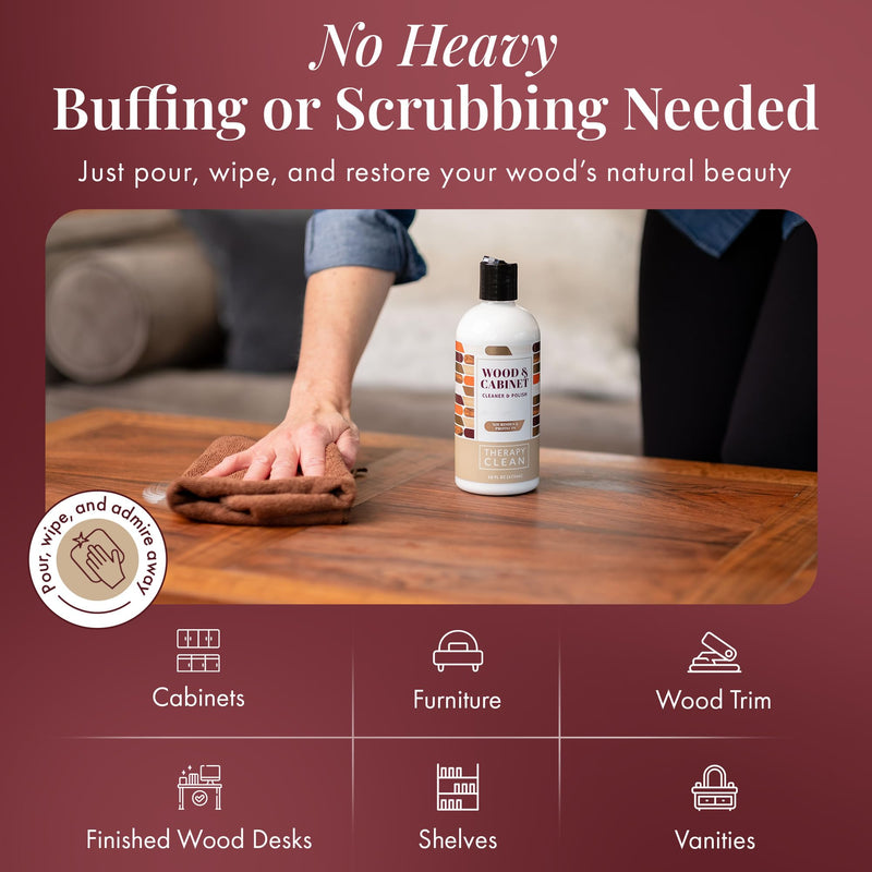 Therapy Wood Cleaner & Polish 16 oz. (2-Pack with Microfiber Cloth) - Wood Cabinet and Table Cleaner - Conditioner - Almond Scent Wood Polish (Pack of 2 with Microfiber)
