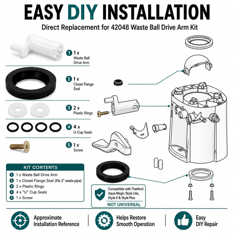 42048 Waste Ball Drive Arm Kit Compatible with Thetford Aqua Magic Style Lite, Style II & Style Plus RV Toilets, RV Toilet Repair Kit with Closet Flange Seal & Screw 42048 Waste Ball Drive Arm Kit 1